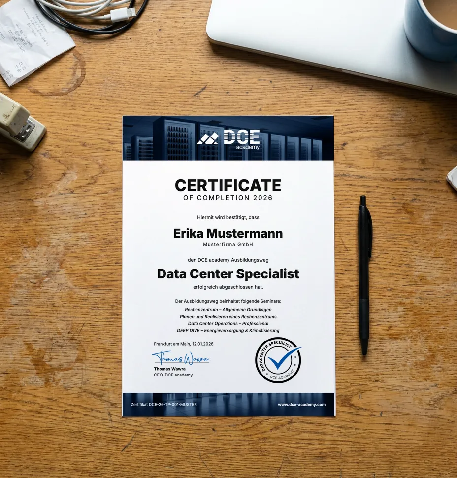 Muster des Zertifikats Data Center Specialist mit fiktiven Daten auf einem Schreibtisch